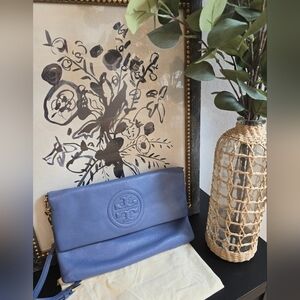 Tory Burch Bombe Foldover Blue Leather Clutch with Logo